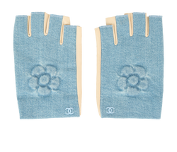 Chanel Denim Camellia Mittens, Leather/Cotton, Blue/Cream, Sz 8, 3*